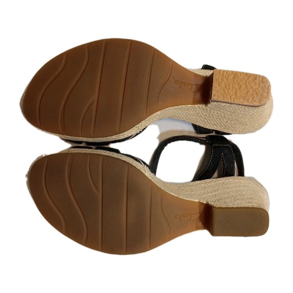 Clarks Black Leather Espadrille‎ Style Wedge Sandals Women's 10M Strappy - Picture 9 of 10
